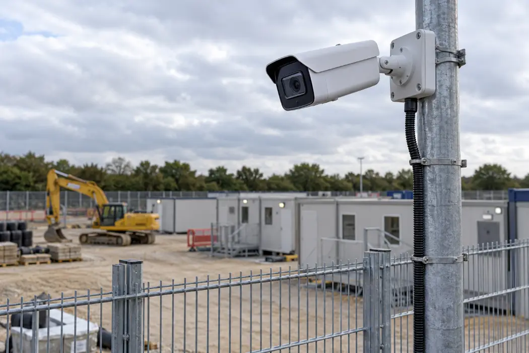 CCTV camera on a pole overlooking a construction site compound