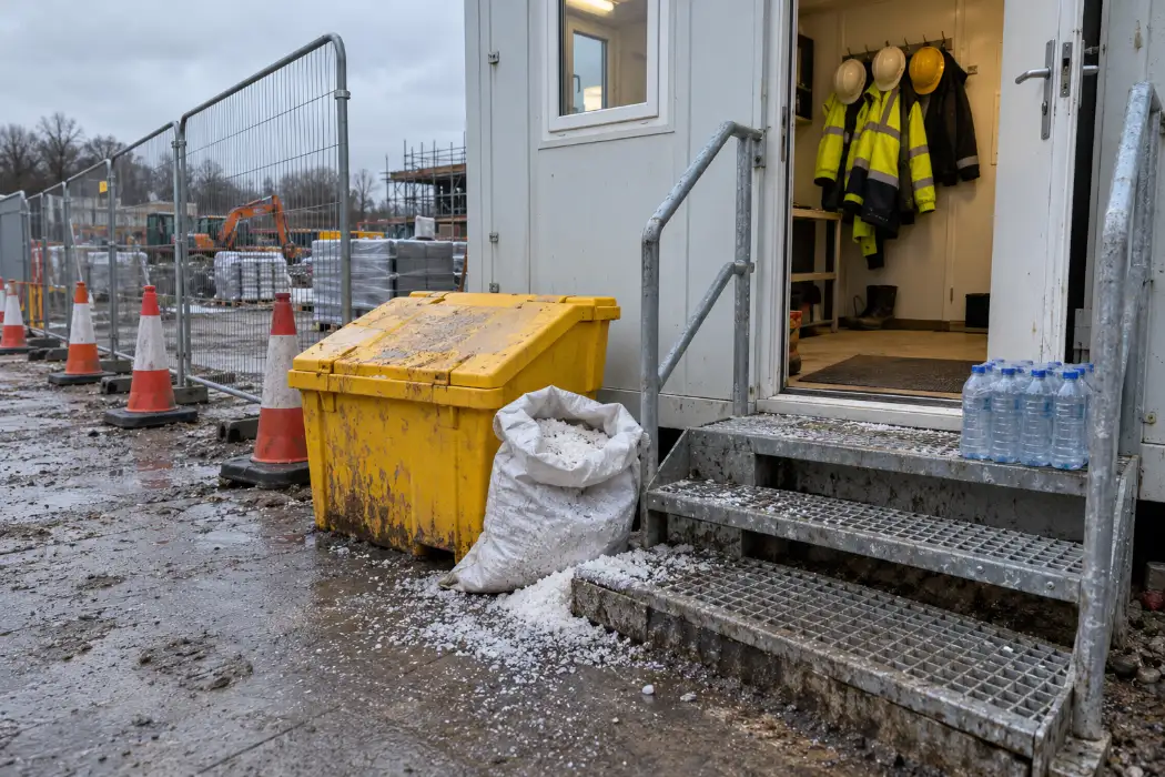 Grit bin, rock salt, cones and bottled water outside a site cabin on a construction site